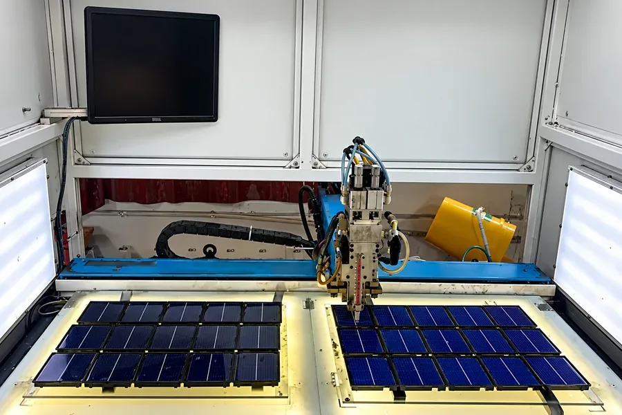Solar panel workshop with monocrystalline cells in production