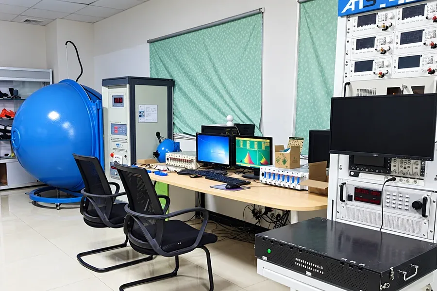 Testing laboratory with integrating sphere and electrical test racks