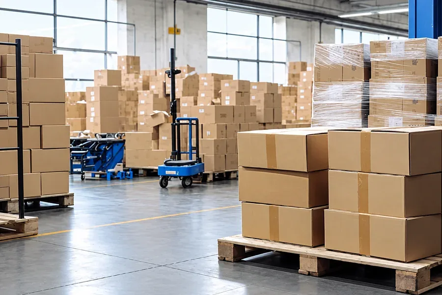 Finished goods warehouse with palletized cartons ready for shipment