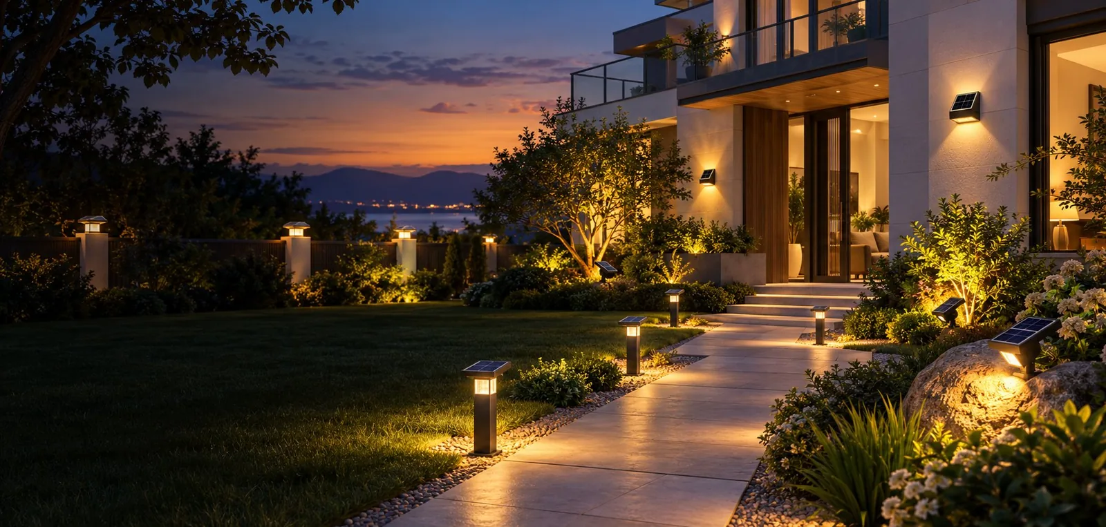 Modern European villa garden at night lit by solar wall and pathway lights
