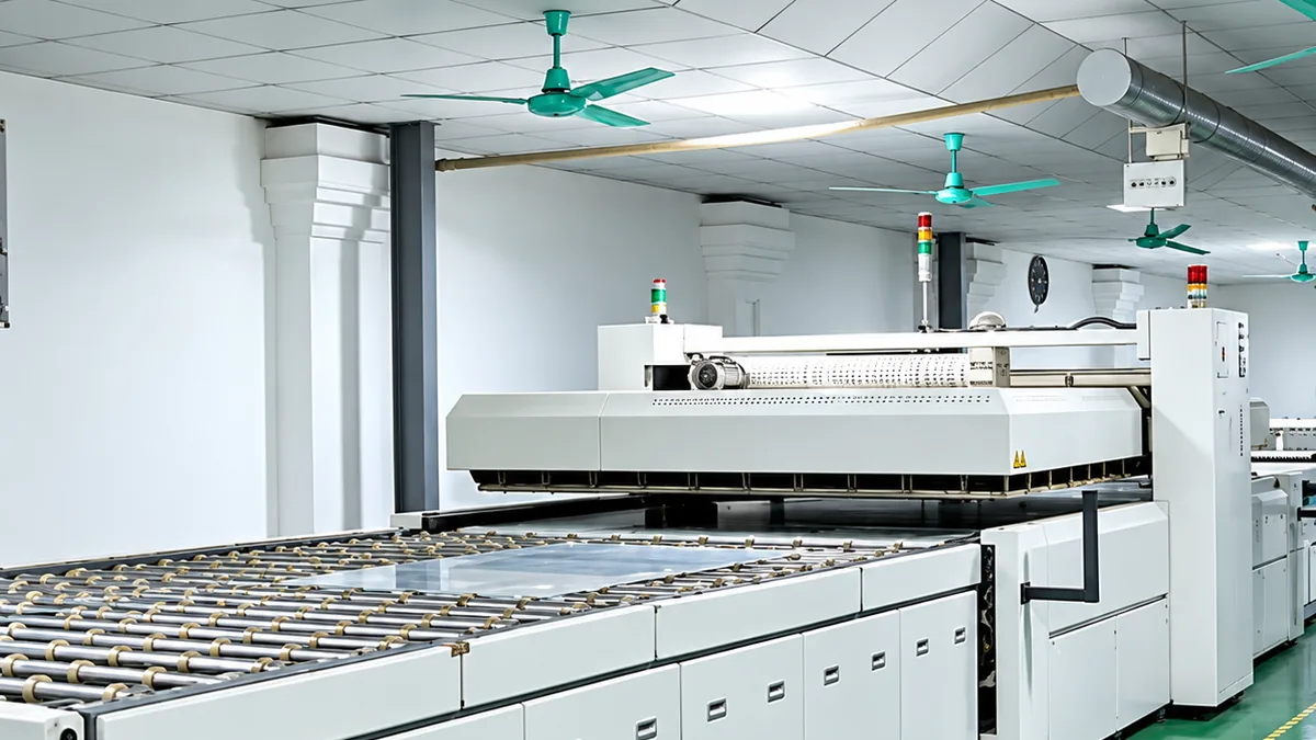 Glass solar module on the roller table of a lamination press in a panel production hall