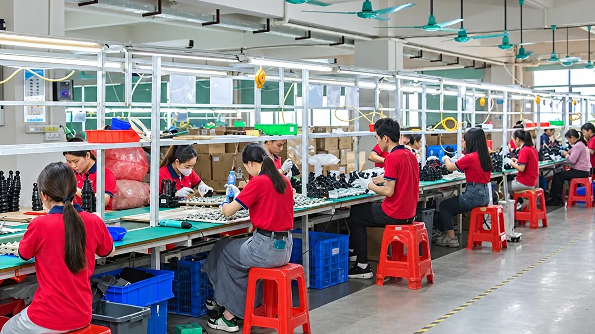 Workers fitting housings and lenses on a solar outdoor lighting assembly line in a production hall